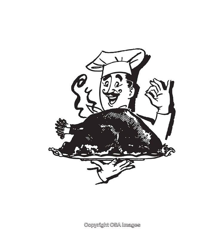 Classic Chef With Roasted Turkey in Black and White Line Art