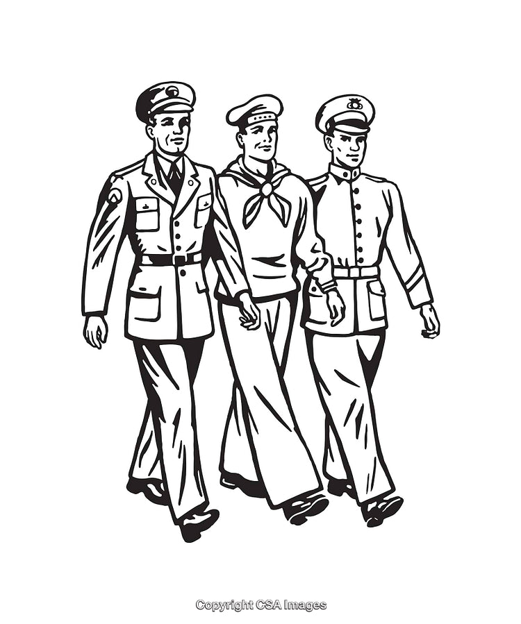 Vintage Black And White Illustration of Military Personnel Marching Together