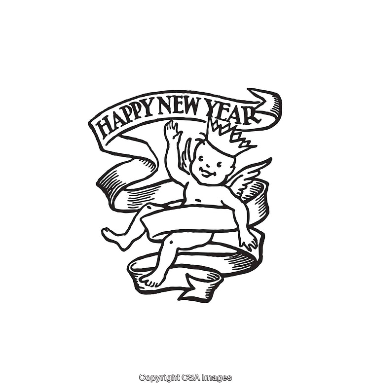 Happy New Year Line Art Illustration Featuring Cherub and Banner Design