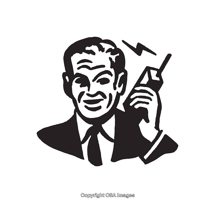 Vintage Black and White Illustration of Man Using a Retro Communication Device