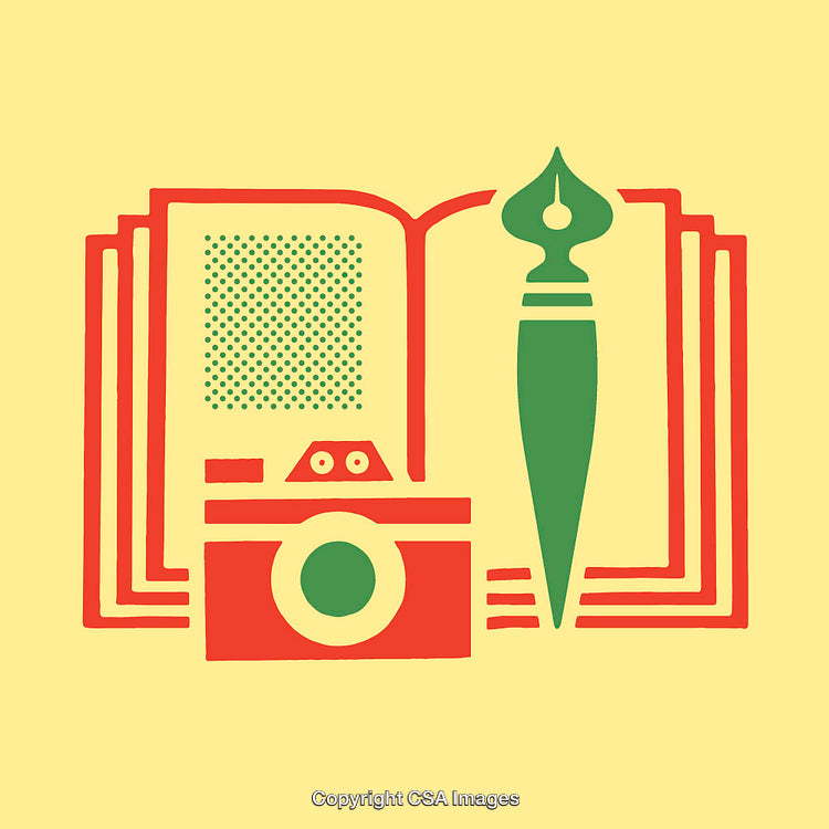 Abstract Illustration Featuring Pen, Book, and Camera in Bold Colors