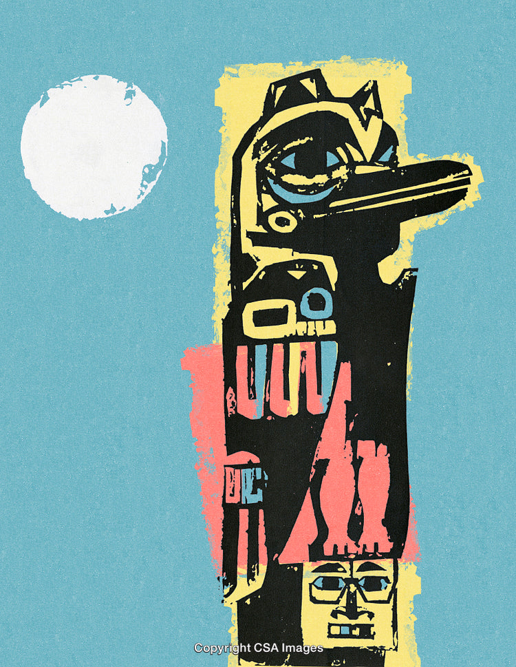 Abstract Totem Pole Artwork Featuring Vibrant Colors and Distinctive Shapes