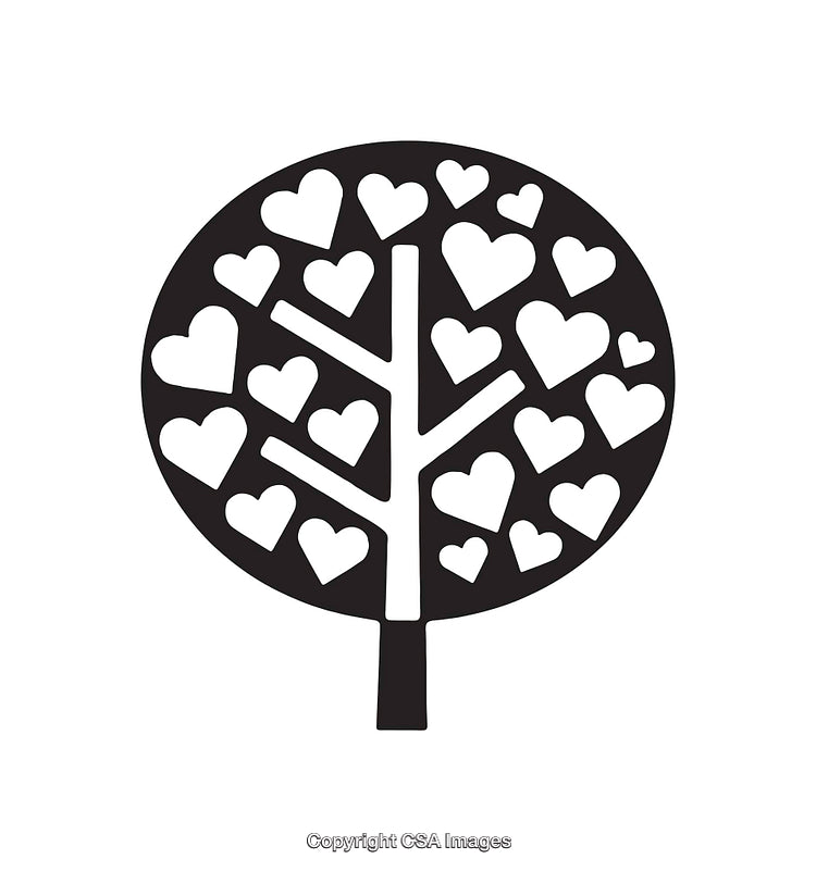 Black and White Tree of Hearts Line Art on White Background