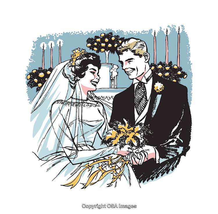 Elegant Wedding Illustration of a Cheerful Bride and Groom at the Altar