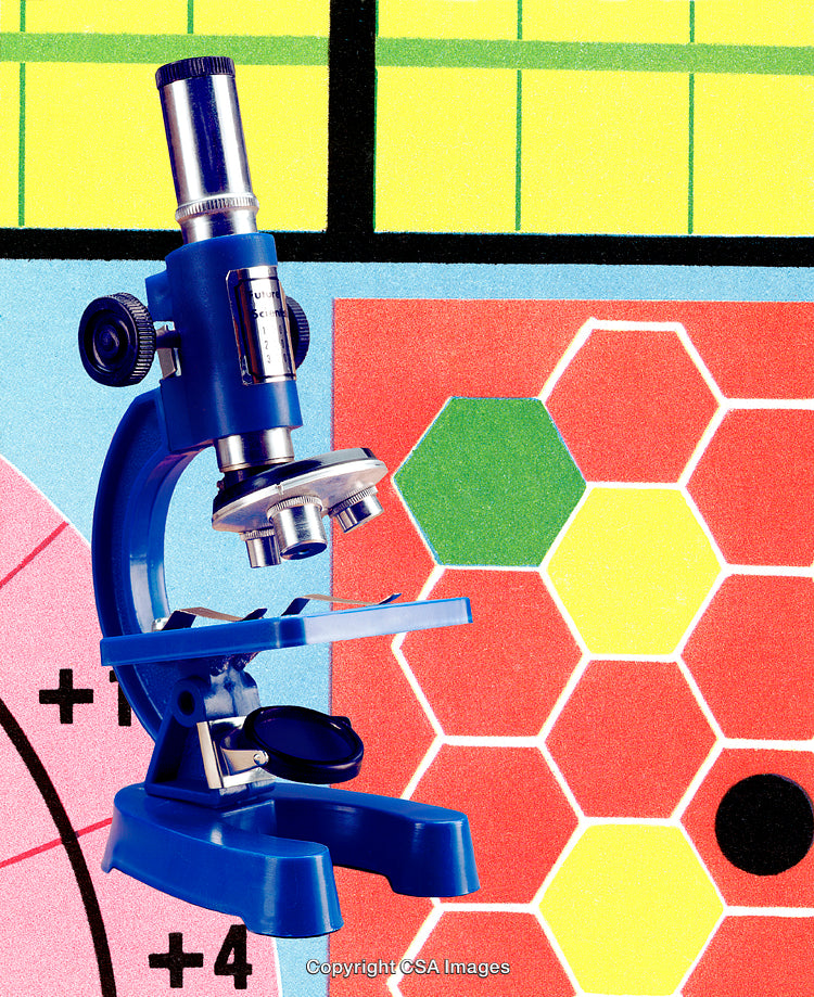 Colorful Composition with a Blue Microscope and Geometric Patterns