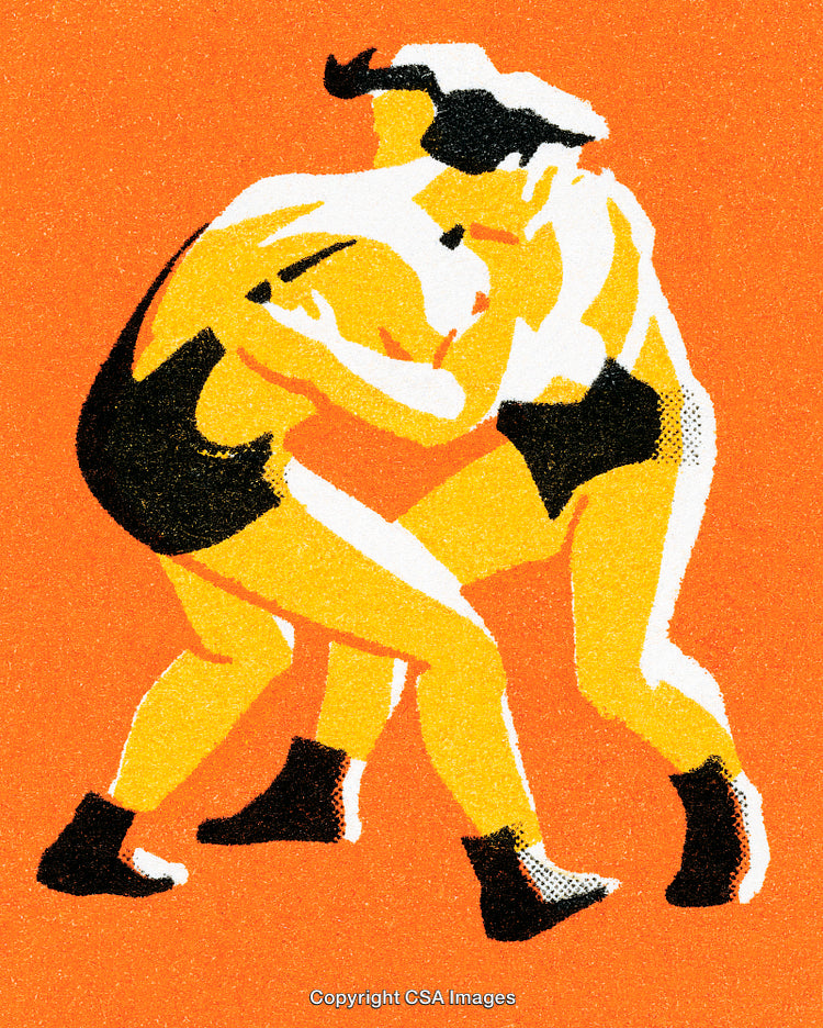 Illustration of Two Wrestlers Grappling on an Orange Background