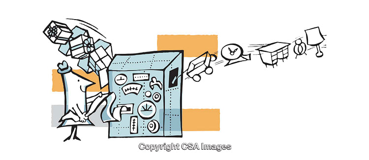 Abstract Cartoon Illustration of a Machine Transforming Items Into Creations