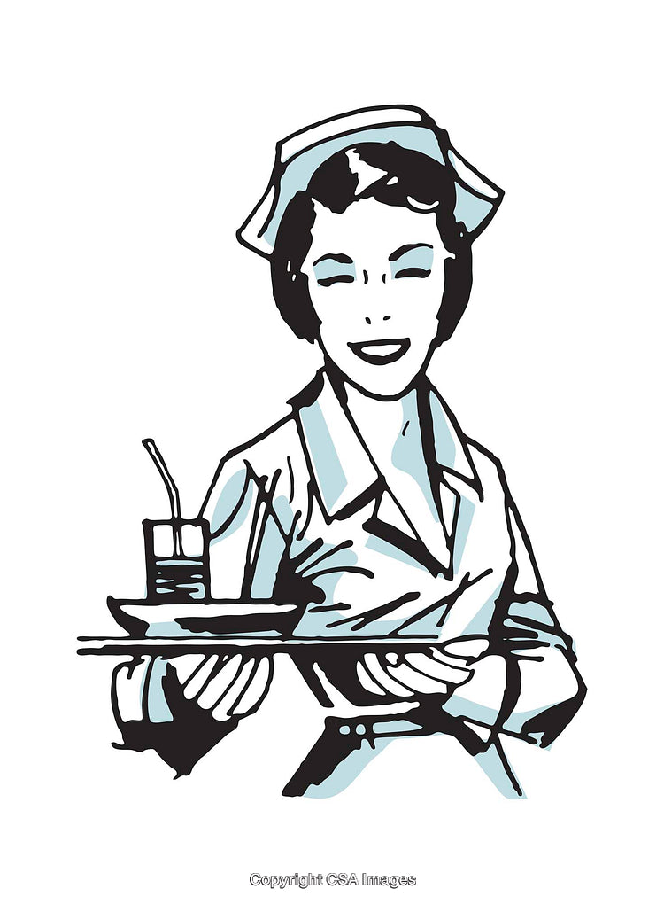 Retro Waitress Illustration With Tray Featuring Food and Beverage Items