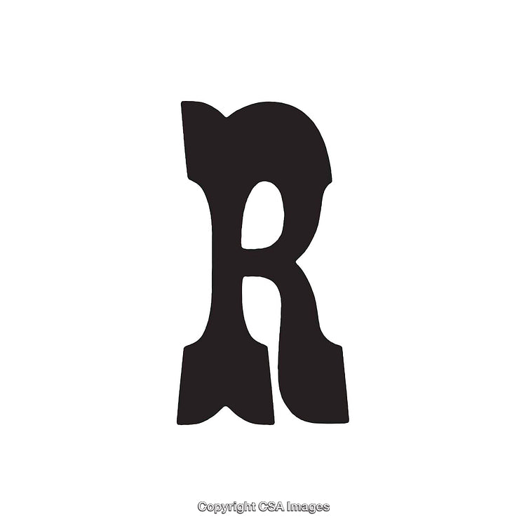 Bold Black Letter R in Decorative Typeface on White Background
