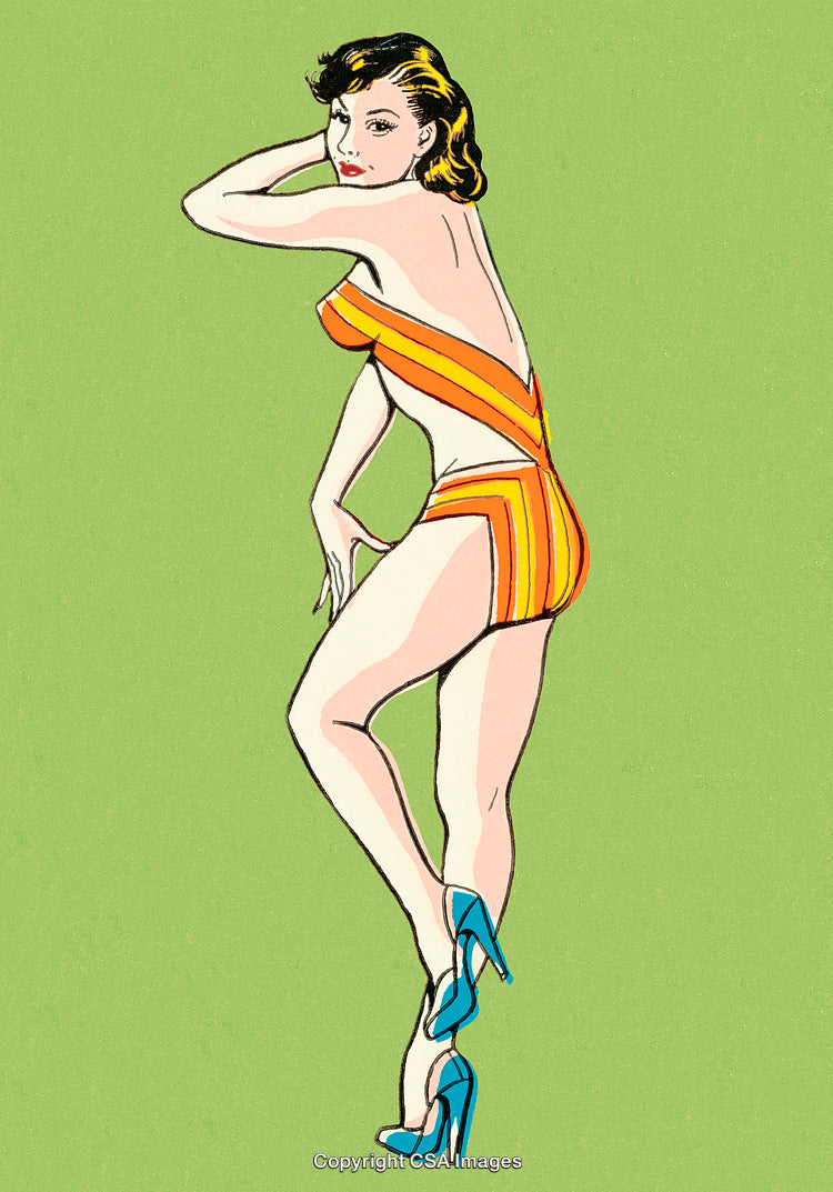 Vintage Pin-Up Art of Woman Posing in Retro Swimsuit