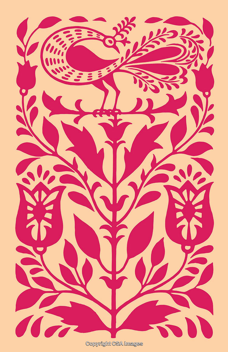Traditional Folk Art Illustration Featuring Bird and Floral Design in Bold Colors
