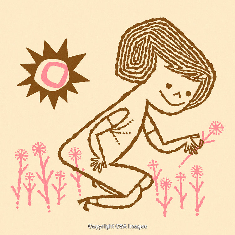 Playful Illustrated Character Exploring Nature with Colorful Flowers and Sun Illustration