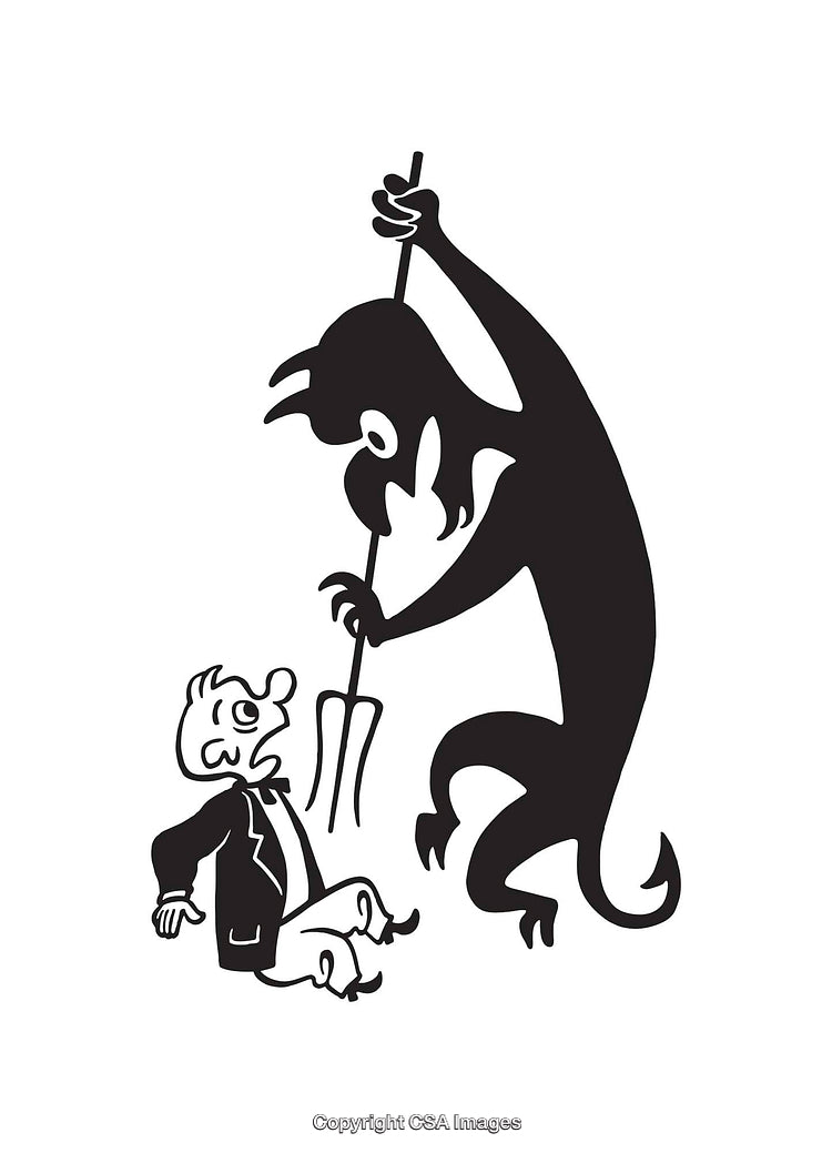 Black And White Devil Illustration with Character Displaying Surprise and Fear