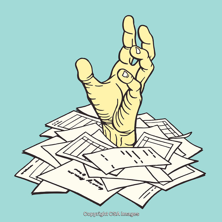 Hand Struggling Out of Pile of Paperwork in Line Art Illustration