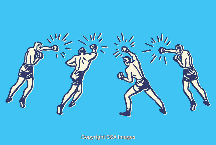 Vintage Boxing Illustrations of Fighters in Action on a Blue Background