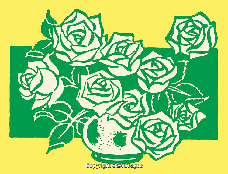 Decorative Green and Yellow Illustration of Roses in a Vase