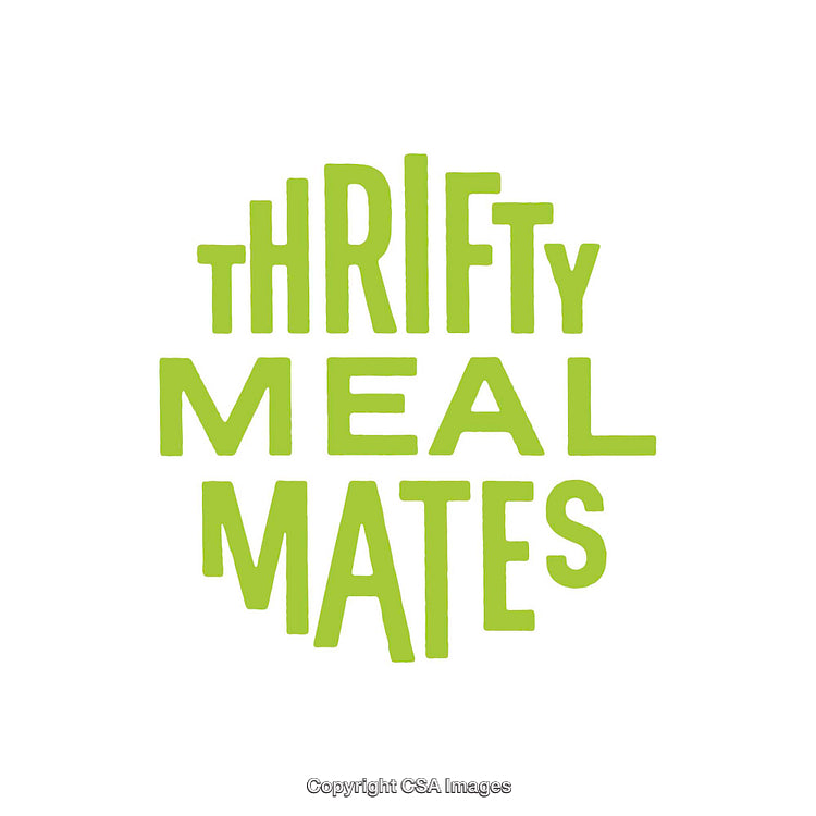 Green Thrifty Meal Mates Typography On White Background For Design