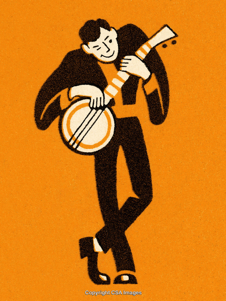 Stylized Illustration of a Banjo Player in a Vibrant Orange Setting