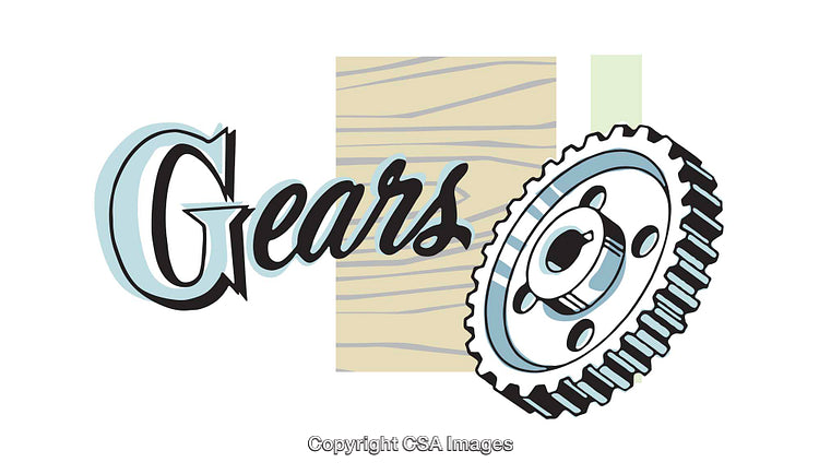 Stylized Illustration of Gear Mechanism with Decorative Text and Design Elements