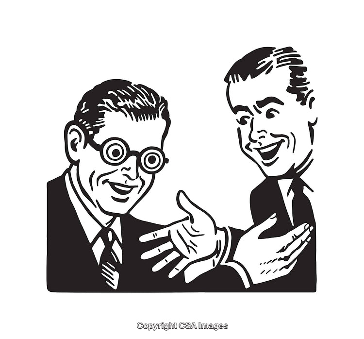 Retro Style Black and White Illustrations Featuring Two Friendly Men Interacting