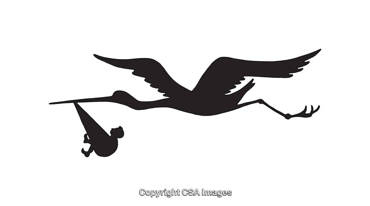 Flying Stork Silhouette Carrying a Baby Bundle in Classic Line Art Style
