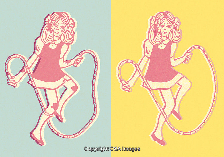 Retro Graphic of Girl Playing With Jump Rope on Colorful Split Background