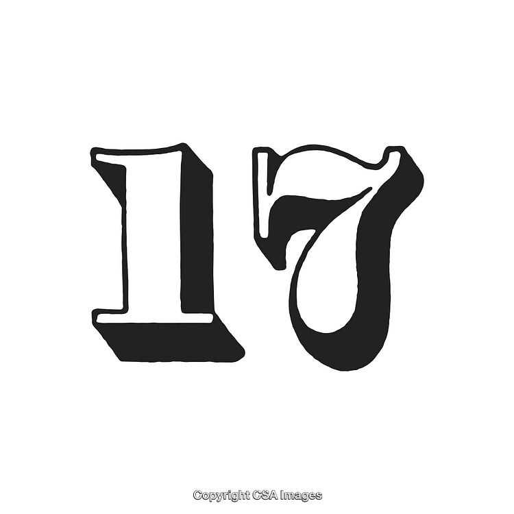 Vintage Typography Illustration of the Number Seventeen in Black and White