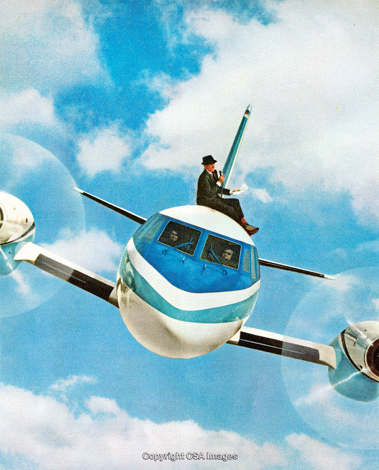 Surreal Image of Businessman Riding an Airplane in the Sky
