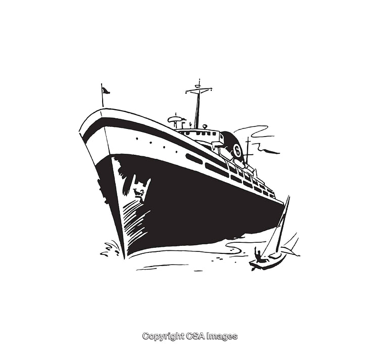 Black and White Line Art of a Cruise Ship and Small Boat