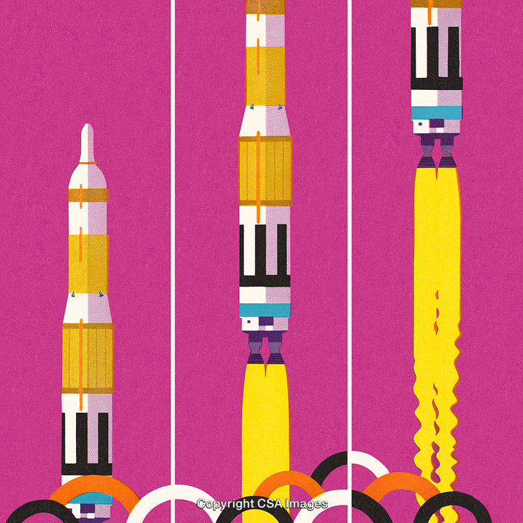 Colorful Pop Art Depiction of Rocket Launch in Three Sequential Stages