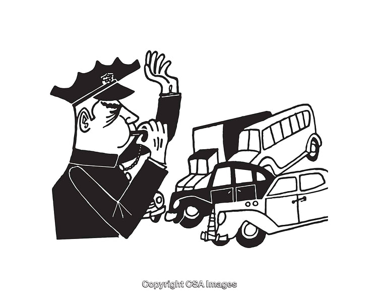 Black and White Line Drawing of a Policeman Directing Traffic