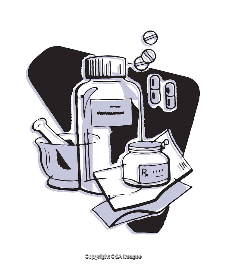 Illustrated Pharmacy Items Including Bottles, Pills, and Mortar and Pestle