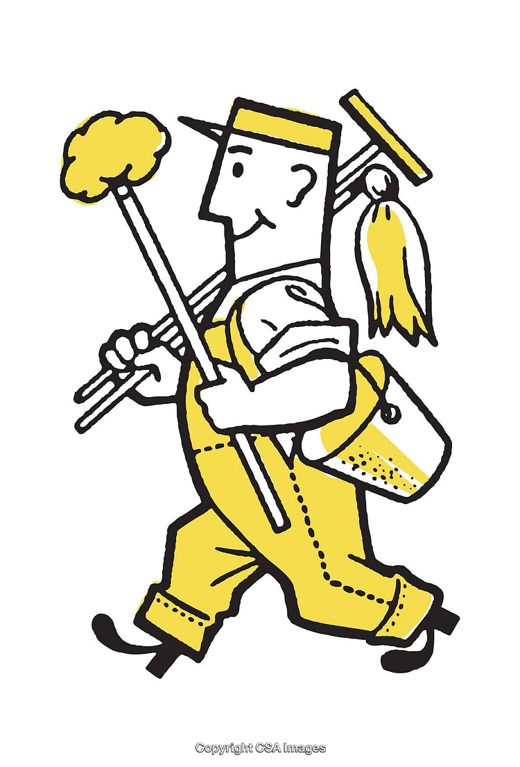 Cheerful Hand-Drawn Illustration of a Cleaning Worker with Supplies