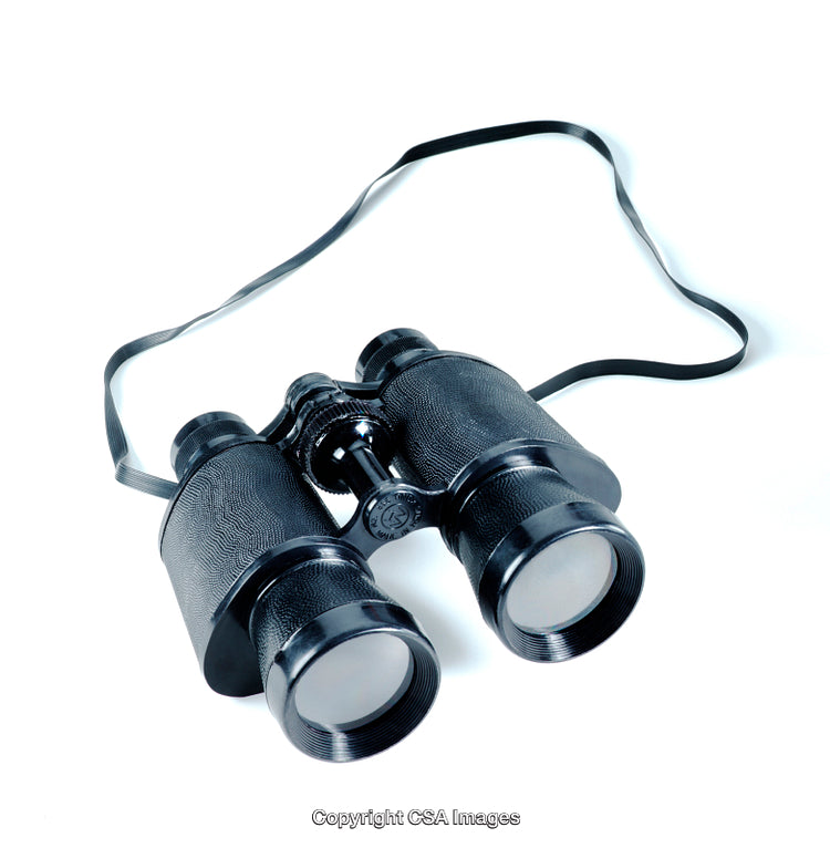 Black Binoculars on White Background with Carrying Strap for Observation