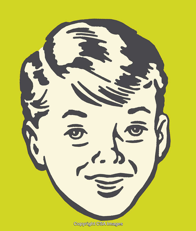 Vintage Line Art Portrait of a Smiling Boy on Green Background