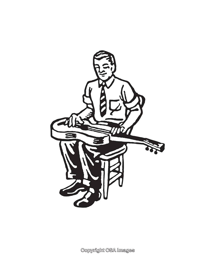 Black and White Illustration of a Man Playing a Lap Steel Guitar