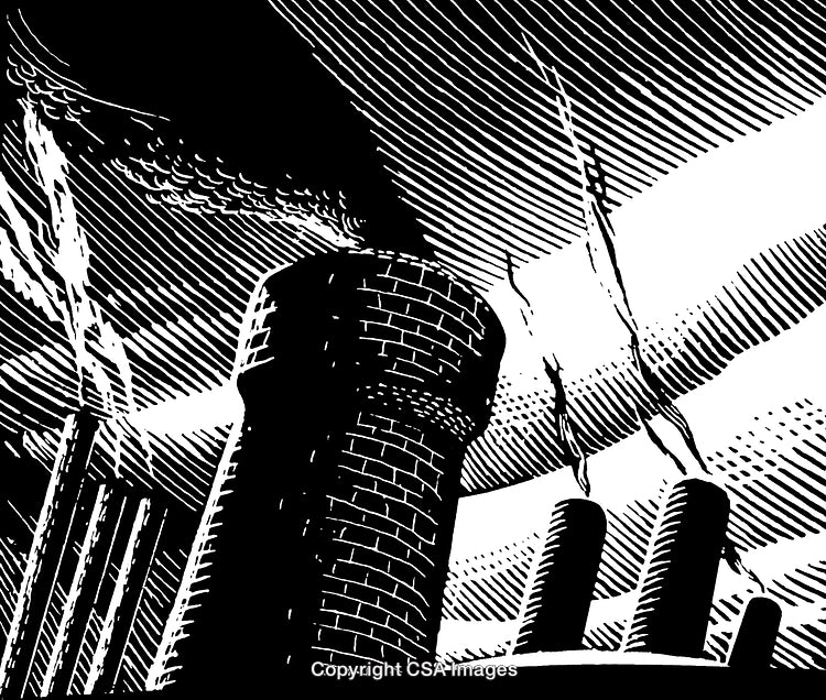 Industrial Chimney with Smoke in Vintage Black and White Engraving Style