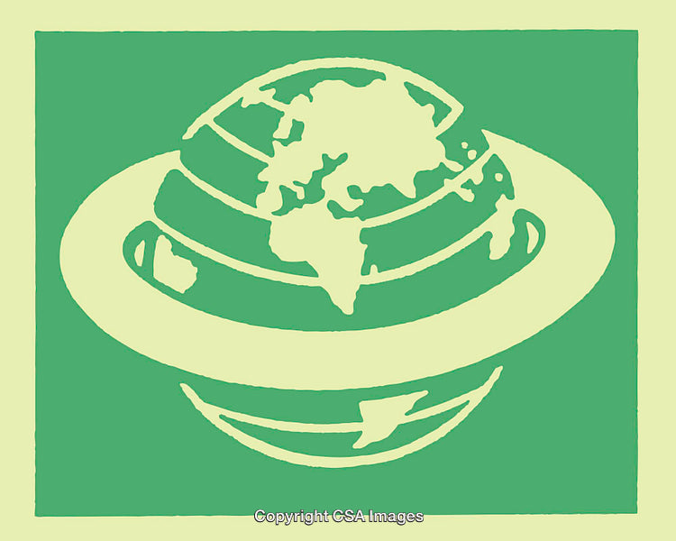 Abstract Green Globe with Orbiting Rings Color Illustration