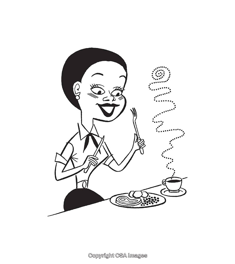 Black and White Illustration of a Person Enjoying Breakfast With Coffee