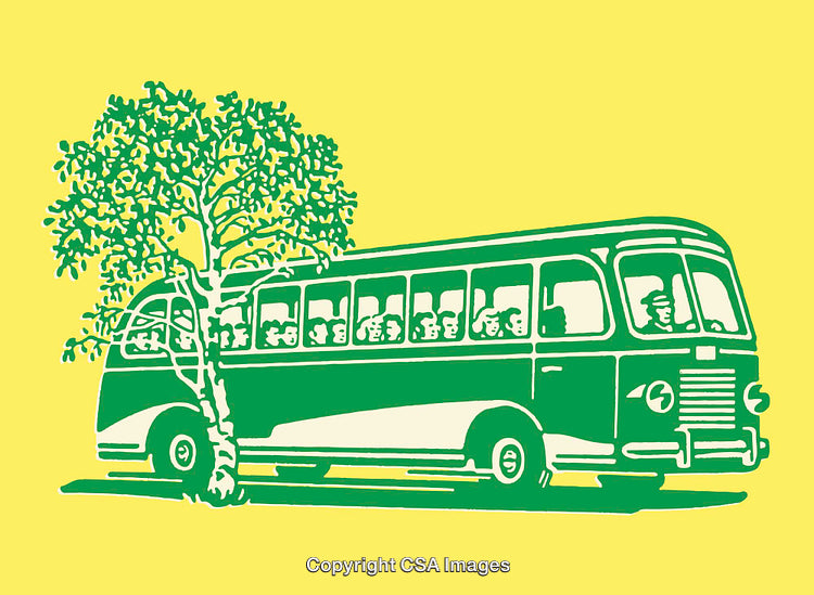 Retro Green Bus Illustration with Passengers Near a Tree on Yellow Background