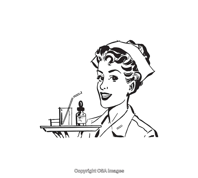 Classic Line Art of a Nurse Holding Medical Supplies on a Tray