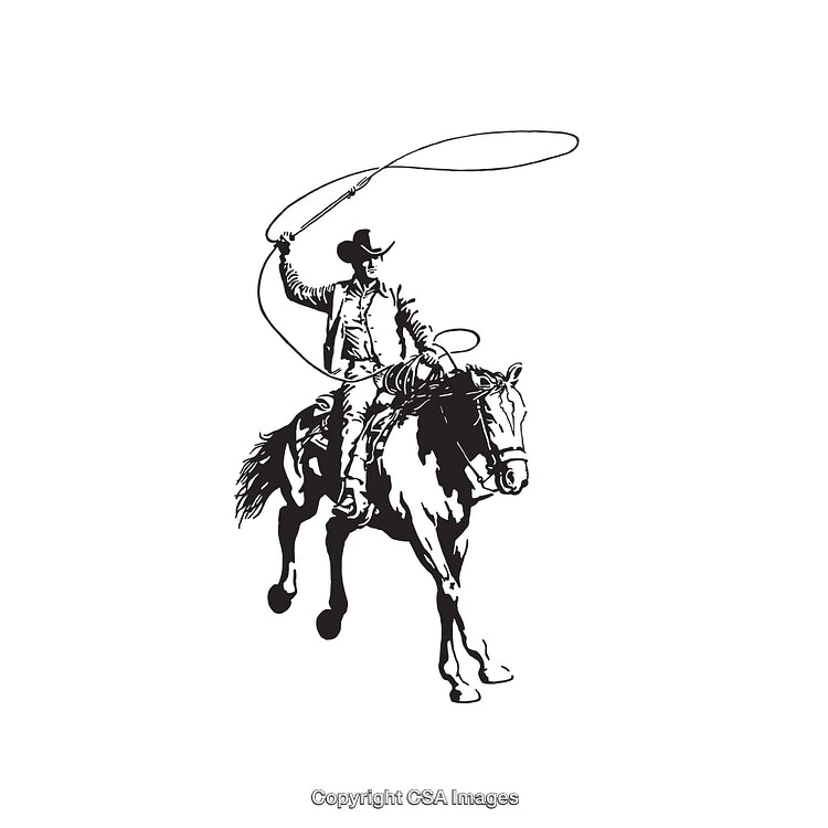 Western Cowboy On Horseback With Lasso, Black And White Line Art