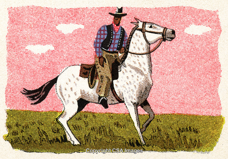 Western Cowboy Riding a White Horse in a Rustic Landscape