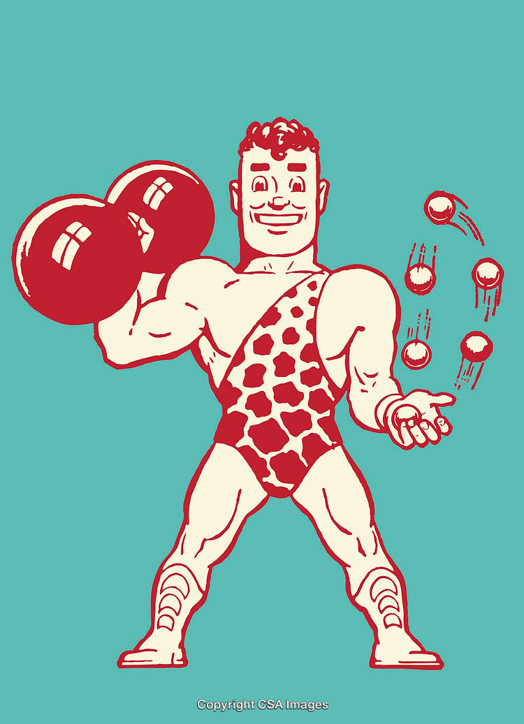 Strongman Cartoon Illustration in Retro Style Lifting Weights and Juggling