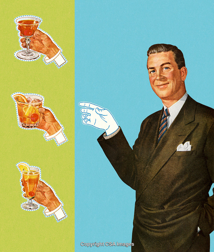 Vintage Collage with a Man and Various Elegant Drinks on Stylized Background