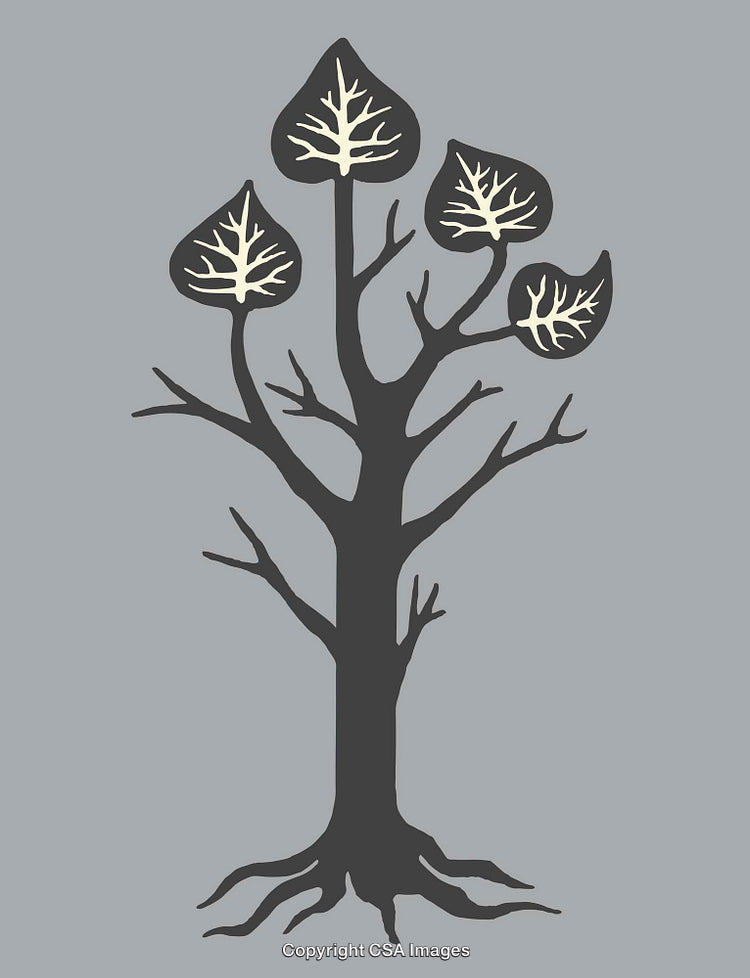 Stylized Black and White Tree Illustration with Leaf Details on Gray Background