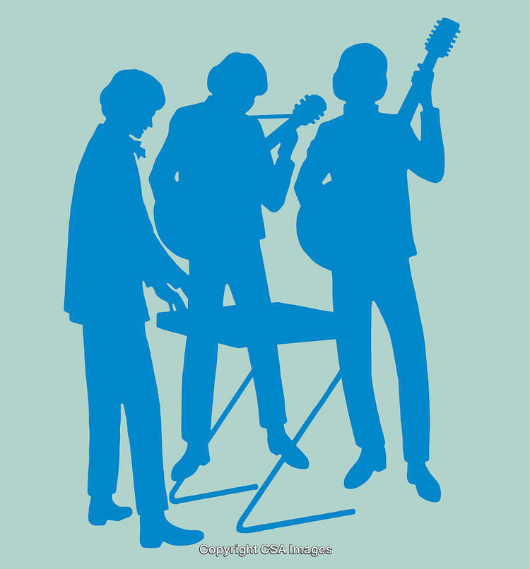 Blue Line Art Illustration of Musicians Playing Instruments in Concert Silhouette
