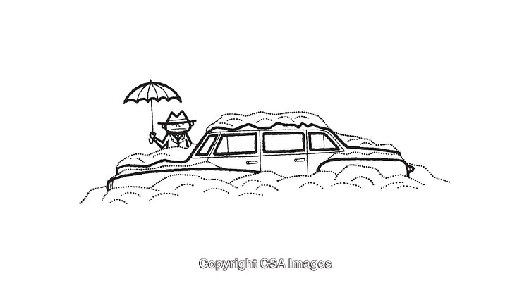 Whimsical Line Art of a Car Drenched in Bubbles and Umbrella Hat