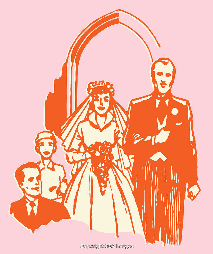 Retro Wedding Line Art Illustration Featuring Bride Groom and Guests