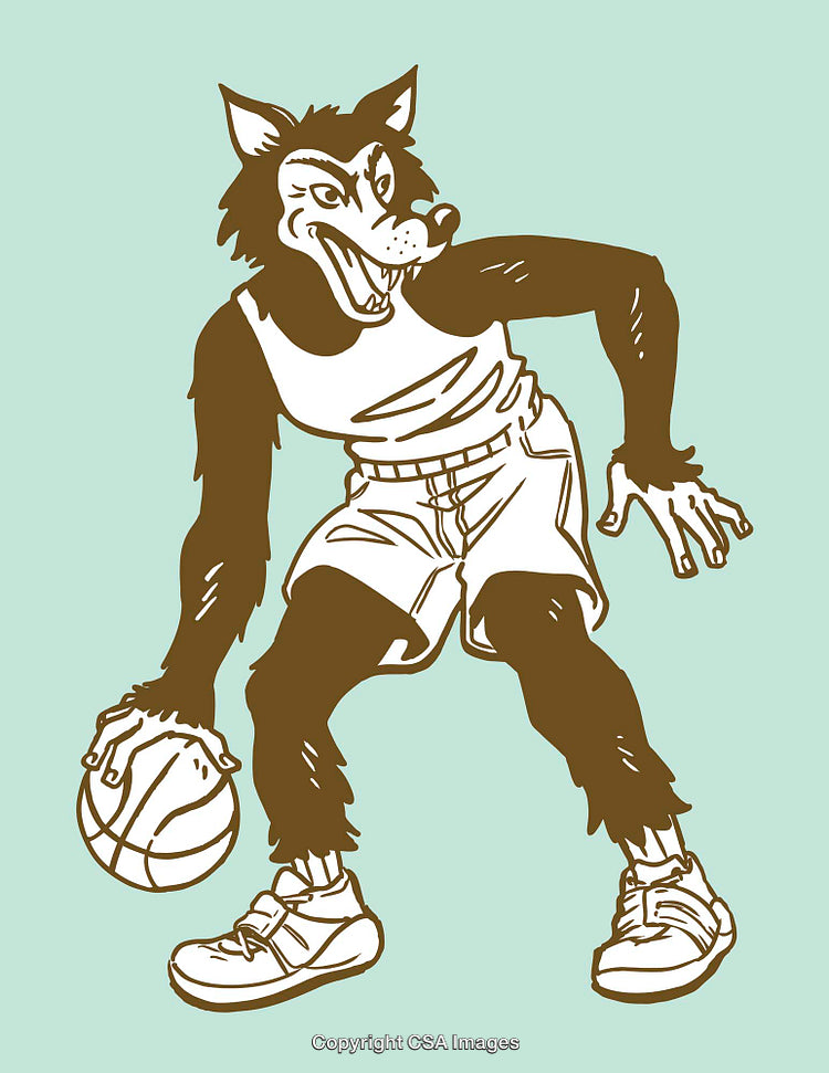 Cartoon Basketball Playing Wolf Character in Energetic Line Art Illustration